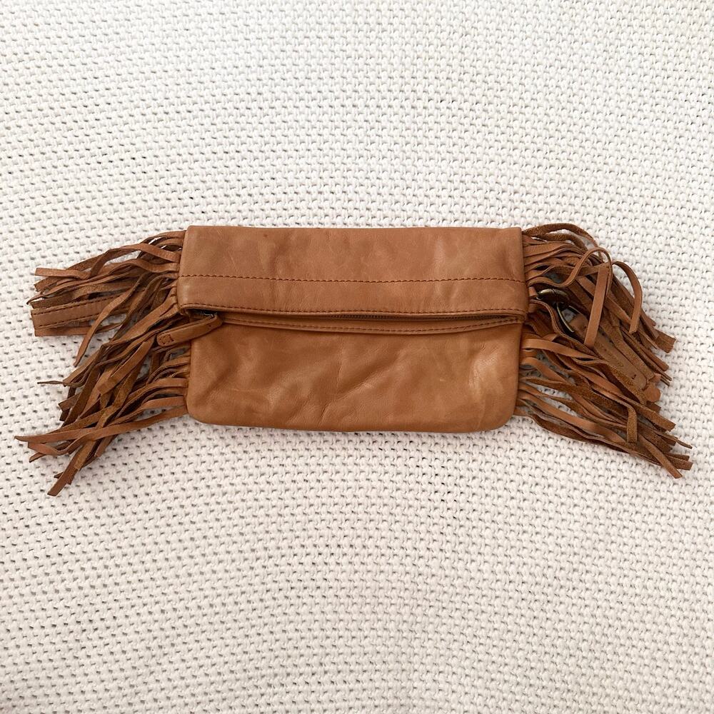Lucky Brand Tan Soft Leather Fringe Trim Magnetic Foldover Casual Zip Clutch